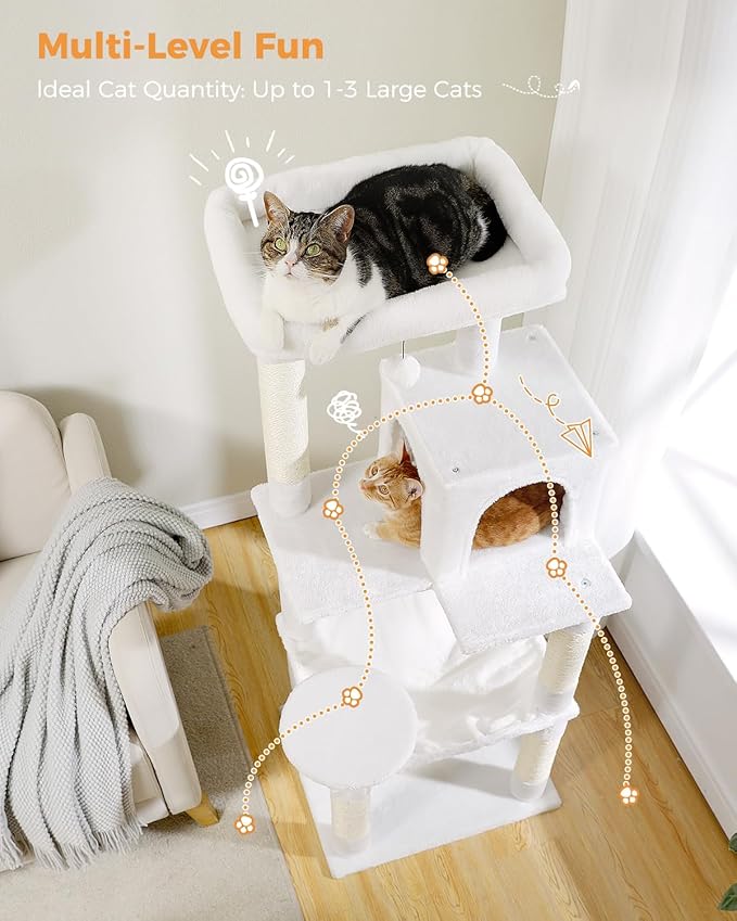 Cat Tree for Large Cats with Metal Plush Big Hammock, 56.3" Cat Tower for Indoor Cats with 2 Door Condo House, 6-Tier Cat Shelves with Scratching Posts and Large Top Perch, Cream White-Mewly Pet
