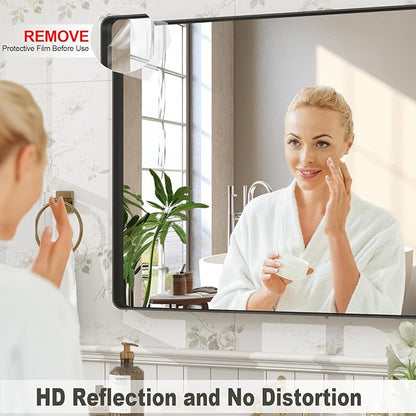 20x30 Inch Black Framed Bathroom Mirror for Wall, Matte Metal Framed Wall Mirror, Rounded Corner Rectangle Bathroom Vanity Mirror, Anti-Rust, Shatterproof (Horizontal/Vertical)