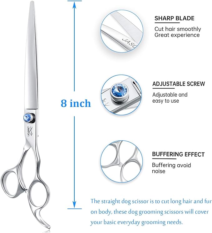 JASON 8" Straight Dog Grooming Scissors Long Pets Grooming Shears Premium Cats Trimming Kit with Offset Handle and a Jewelled Screw Sharp Comfortable-Mewly Pet