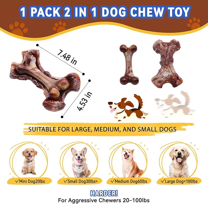 Magicorange Tough Dog Toys, Chew Toys for Aggressive Chewers, Dog Bone Toy Nylon Almost Indestructible Dogs Toy for Teeth Cleaning and Training (Brown)-Mewly Pet