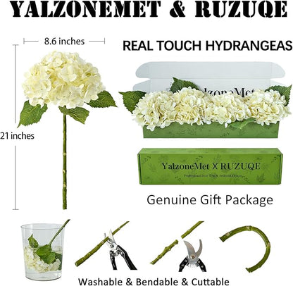 YalzoneMet 4 PCS Beige Creamy Hydrangea Artificial Flowers 21 inches Real Touch Faux Latex Hydrangea Flowers for Wedding Table Centerpieces Fake Flowers for Party Home Kitchen Fall Decor