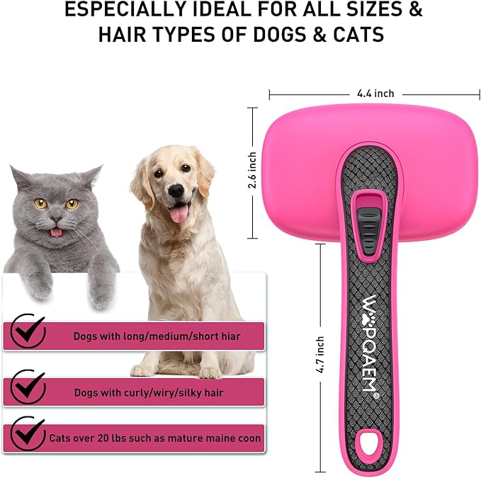 Self Cleaning Slicker Brush for Shedding Long Short Haired Dogs & Cats, Remove Loose Tangling Knot Undercoat Fur Mats, Grooming Brush with Retractable Bristles for Small Medium Large Pet, Pink-Mewly Pet