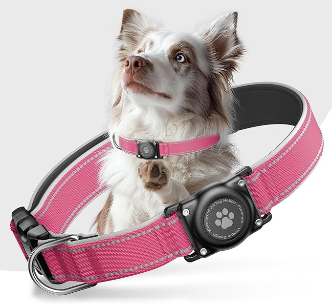 Airtag Dog Collar - 100% Waterproof Air tag Dog Collar Holder for Apple AirTag, Reflective, Soft Padded, Everlasting, GPS Dog Collar for Small Medium Large Dogs (Hot Pink, XL)-Mewly Pet