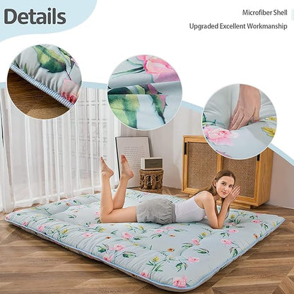 MAXYOYO Japanese Futon Mattress Floor Mattress Sleeping Pad Foldable Bed Roll Up Camping Mattress Floor Lounger Bed Couches and Sofas Mattress Topper, Green Floral, Twin Size