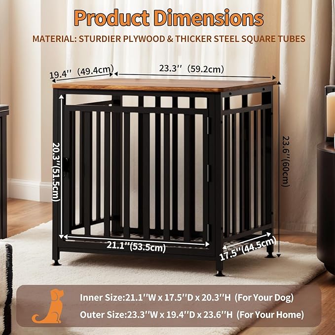 Dog Crate Furniture for Small Dogs, Dog Kennel Indoor, Anti-Chew Anti-Escape with Bed Crate Pad End Side Table Wooden Dog Crate,Steel-Tube Dog Cage, Rustic Brown-Mewly Pet