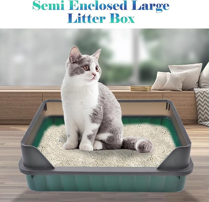 Cat Litter Boxes Large,Kitty Litter Box Low Entry High Sides,Semi Enclosed Front Entry Cat Pan Anti-Splashing Detachable Kitten Toilet with Scoop (Green)-Mewly Pet