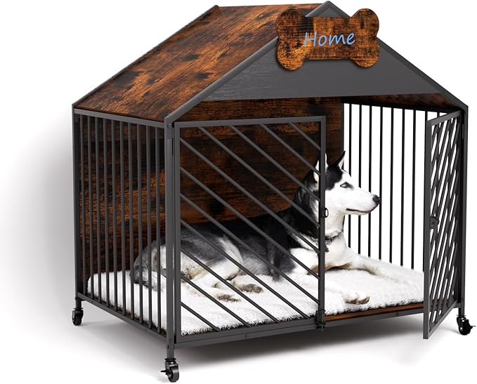 Furniture-Style Dog Crate with Gable Roof Design, Double Locking Doors Indoor Kennel for Small & Medium Dogs, Chew-Proof Escape-Proof Dog Cage, Rustic Brown-Mewly Pet