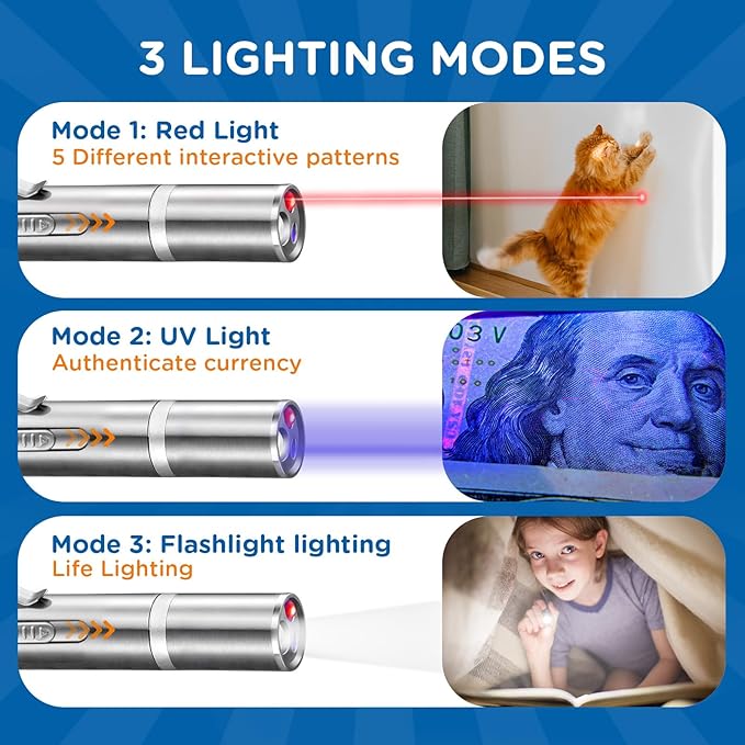 Cat Toy Pointer for Indoor, USB Rechargeable Toy, 3 Light Colors Cat Interactive Toys for Dogs, Cats, Pet Chase Toy for Fun Playing Training Exercise Indoors-Mewly Pet