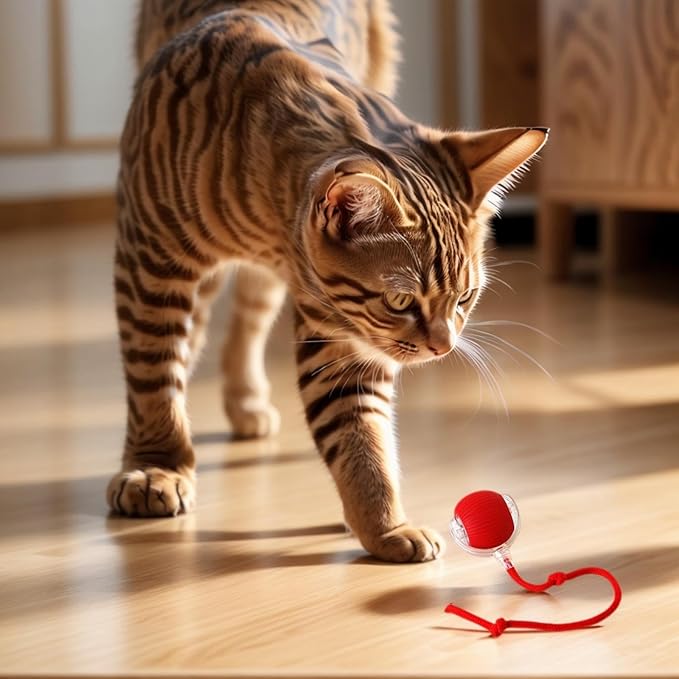 Electric Cat Toy - Automatic Rolling cat Toy with Motion sensors, Designed for Indoor Cats, Suitable for Solo Play (USB Rechargeable) (Red)-Mewly Pet