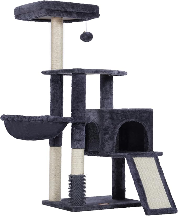 Heybly Cat Tree with Cat Self Groomer Brush, Cat Tower Condo for Indoor Cats with Padded Plush Perch, Cat House with Basket Scratching Board Post, Smoky Gray HCT005SG-Mewly Pet