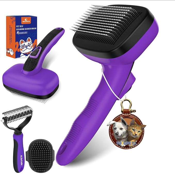 Dog Brush Kit - Self-Cleaning Slicker Brush with Bath Brush & Undercoat Rake | Deshedding Tools for Large - Small Dogs & Cats, Professional 3-in-1 Pet Grooming Set for Heavy Shedding, Purple-Mewly Pet