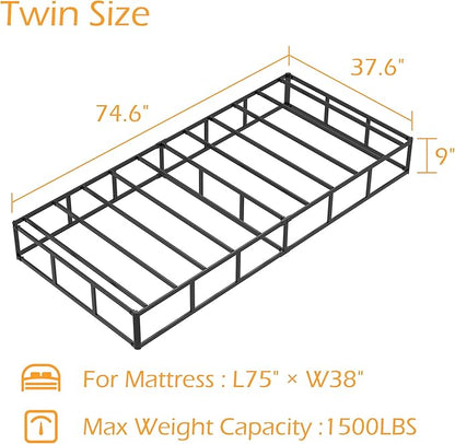 Twin Box Spring 9 Inch, Heavy Duty Metal Box Spring Bed Base with Fabric Cover, Mattress Foundation, Easy Assembly, Noise Free, Black