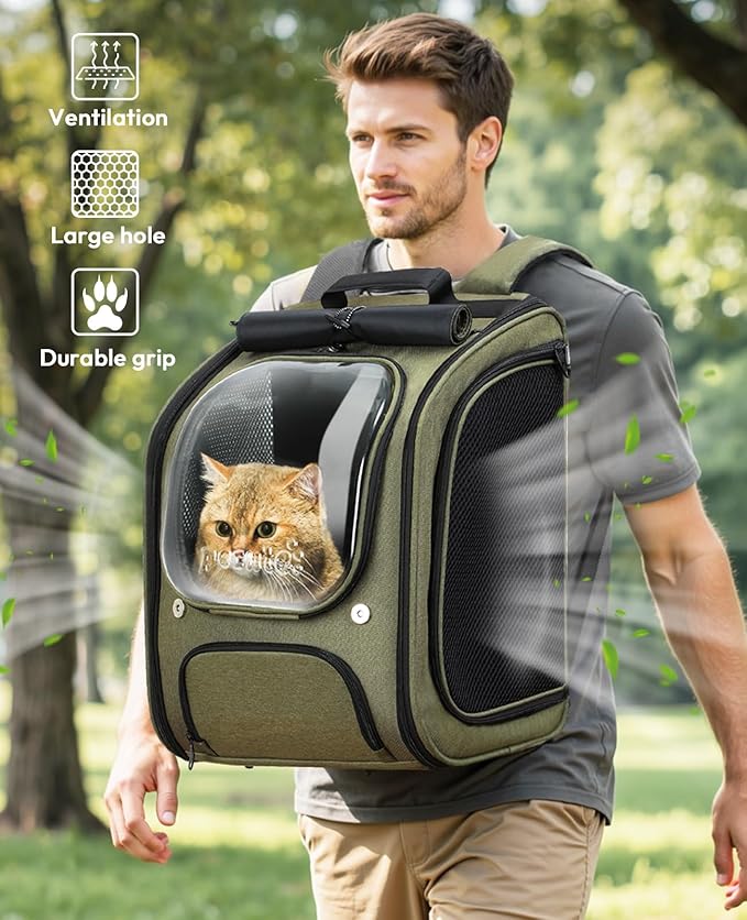 Pecute Cat Backpack Carrier, Large Space Cat Bubble Backpack, Breathable Cat Carrier, Shaded Dog Backpack Carrier, Ergonomic 3D Design for Travel, Hiking, Suitable for Shopping, and Vet, Green-Mewly Pet