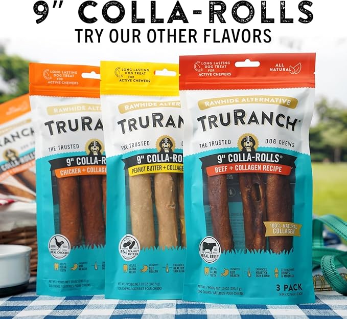 Collagen Rolls - 9" Collagen Rolls for Dogs - Long Lasting Healthy Joint Support - Rawhide Alternative - Skin & Coat Health - Made with Real Peanut Butter, Value Pack, 3 Bags, 9 Count-Mewly Pet