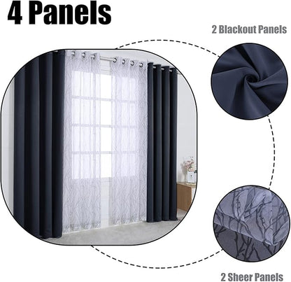 BONZER Mix and Match Curtains - 2 Pieces Branch Print Sheer Curtains and 2 Pieces Blackout Curtains for Bedroom Living Room Grommet Window Drapes, 54x84 Inch/Panel, Grey Dark, Set of 4 Panels