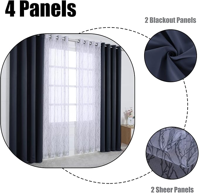 BONZER Mix and Match Curtains - 2 Pieces Branch Print Sheer Curtains and 2 Pieces Blackout Curtains for Bedroom Living Room Grommet Window Drapes, 37x63 Inch/Panel, Grey Dark, Set of 4 Panels