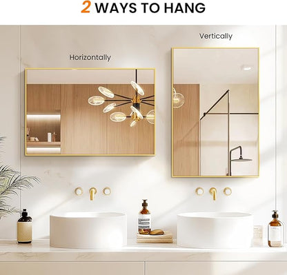 Bathroom Vanity Mirror for Wall, 20" x 30" Metal Framed Rectangular Bathroom Wall Mirror for Over Sink, HD Shatterproof Glass, Hangs Horizontally or Vertically(Gold)