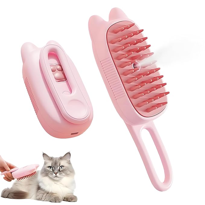 4 in 1 Cat Steam Brush Rechargeable pet spray comb Steam Brush for Cats and Dogs, Massage, Cleaning, Shedding & Combing Multifunctional Hair Removal Anti Static Grooming Tool for home (Pink)-Mewly Pet