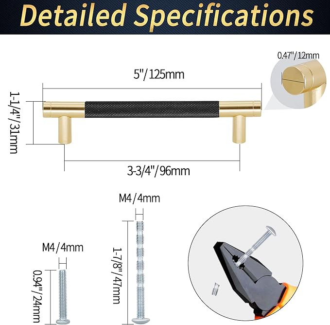 Knurled Cabinet Pulls 12 Pack, 5 Inch Long Cabinet Handles Metal Door Pulls, Kitchen Drawer Pull Knurled Dresser Handles - 3 3/4" Hole to Hole, Black & Gold