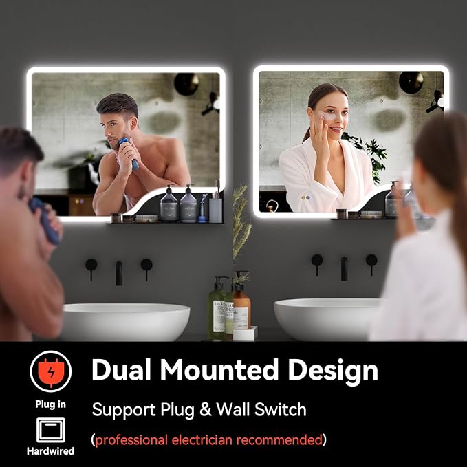 36"x 28" LED Bathroom Mirror with Shelf, Wall-Mounted Backlit Vanity Mirror with Lights, Smart Bathroom Mirror with 3 Colors, Anti-Fog, Stepless Dimmable, Memory (UL, ETL)