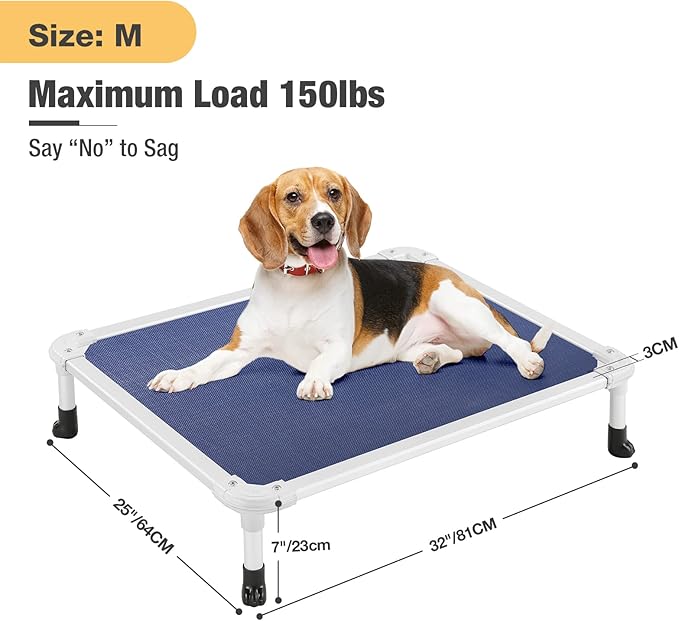 Veehoo Chew Proof Elevated Dog Bed - Cooling Raised Pet Cot - Silver Aluminum Frame and Durable Textilene Mesh Fabric, Unique Designed No-Slip Feet for Indoor or Outdoor Use, Blue, Medium, CWC2003-Mewly Pet