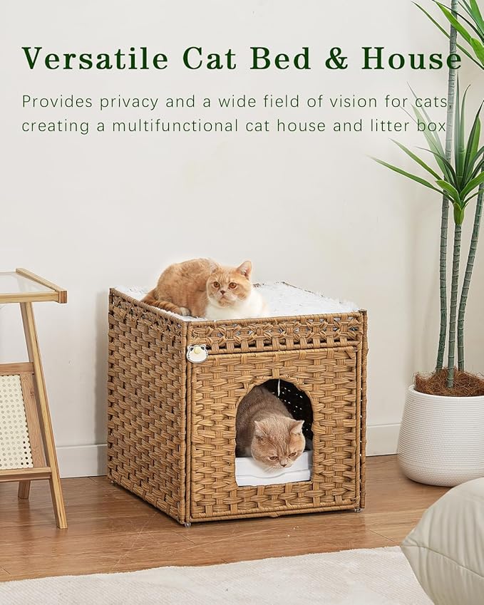 Cat Beds for Indoor Cats Extra Large Double Cat Cave Pet Cube, Handwoven Rattan Cat Houses with Double-Sided Soft Cushions, 18.5 x 20.5 x 19.1 Inches Foldable Hideaway in Living Room Natural-Mewly Pet