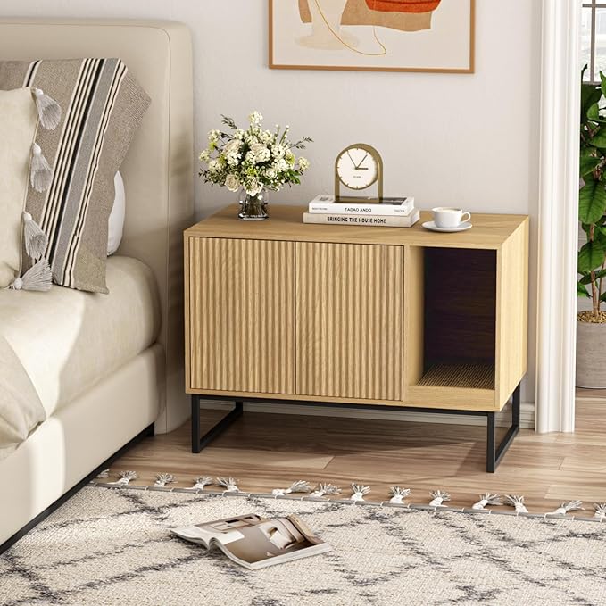 Cat Litter Box Enclosure, Fluted Hidden Litter Box Furniture with Scratch Pad and Metal Legs, Modern Enclosed Cat Cabinet, 31.5 x 17.7 x 21.7 Inches Indoor Pet House for Living Room, Washroom, Natural-Mewly Pet