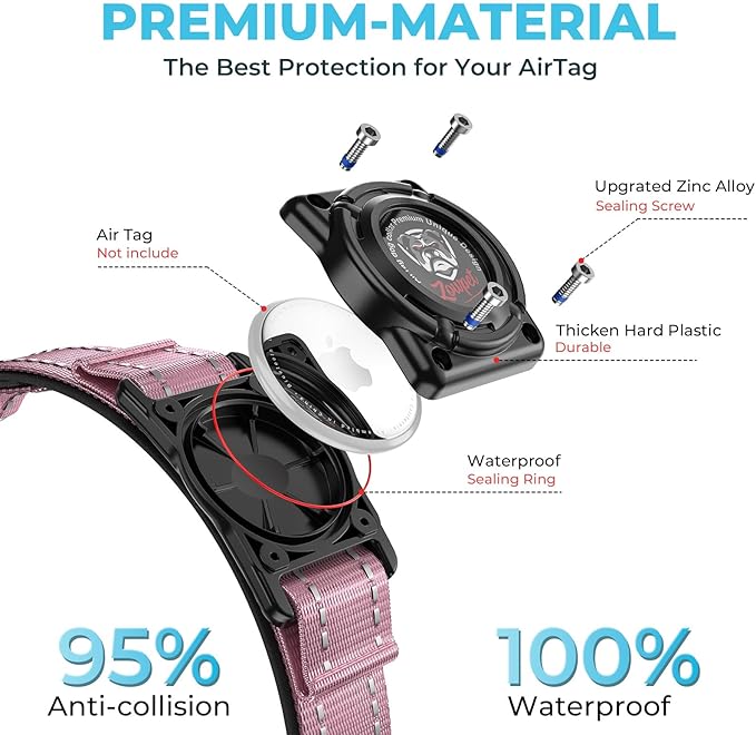 2025 Upgrade Airtag Dog Collar, Reflective Dog Collar with Airtag Holder, IP68 Waterproof| Metal Buckle| Ultra-Durable| Comfortable Padded, GPS Dog Collars for Medium Large Dogs (Pink,M)-Mewly Pet