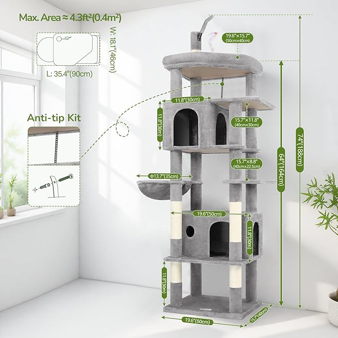 Globlazer Large Cat Tree Tower, Tall Cat Tree Condos for Indoor Cats Large Adult Cat Climbing Tower with 2 Spacious Caves, Oversized Top Perch, Big Hanging Basket, Cat Teaser Wand, F74B, Light Grey-Mewly Pet