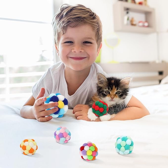 TUSATIY Interactive Cat Ball Toy, 6PCS Fuzzy Kitty Balls with Bells,Cats Pom Pom Balls for Kittens to Keep Busy,Colorful Cat Chew Toys for Indoor Cats-Mewly Pet