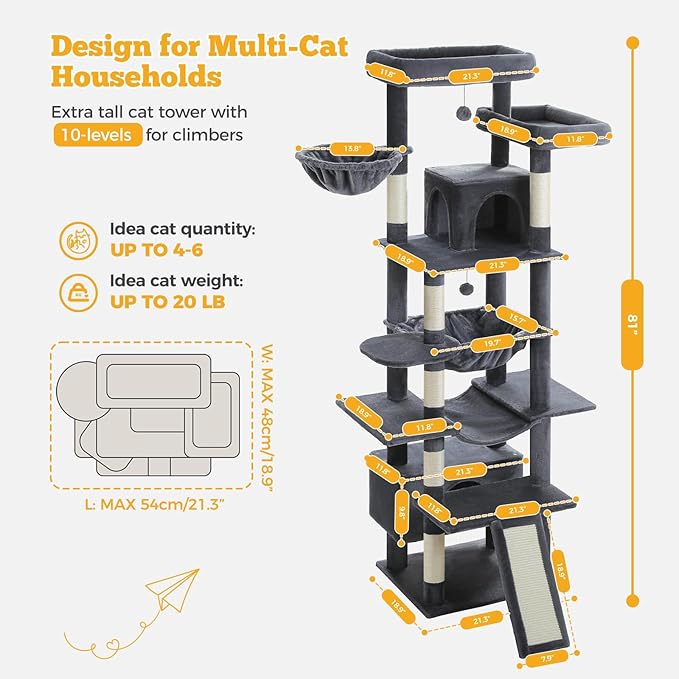81" Heavy Duty Cat Tree for Large Cats up to 20lbs - Extra Tall Cat Tower with Metal Frame Hammock, 6 Sisal Scratching Posts, 2 Perches - Indoor Cat Furniture for Maine Coon, Dark Gray-Mewly Pet