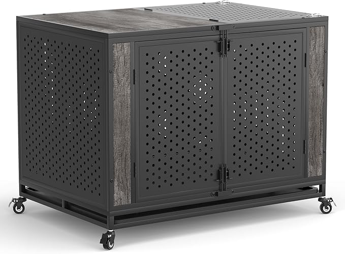 42" Heavy Duty Dog Crate Furniture for Medium and Large Dogs, Enclosed Design with 0.5 inch Holes, Indestructible Metal Kennel for High Anxiety Dogs, Chew Proof Indoor Pet House Cage, Gray-Mewly Pet