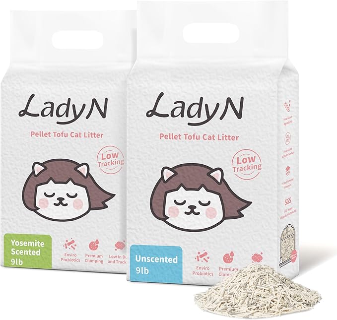 Lady N Pellet Tofu Cat Litter, Strong Clumping, Dust-Free Low-Track Water-Soluble, Natural Ingredients, Enviro-probiotic and Activated Carbon for Odor Control 18lb Yosemite Woody Scent + Unscented-Mewly Pet