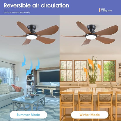 46 Inch Modern Ceiling Fans with Lights, Flush Mount Ceiling Fan with Light and Remote/APP Control, 5 Reversible 6 Speeds Curved Blades, 3 CCT Dimmable Lights for Kids Room, Brown