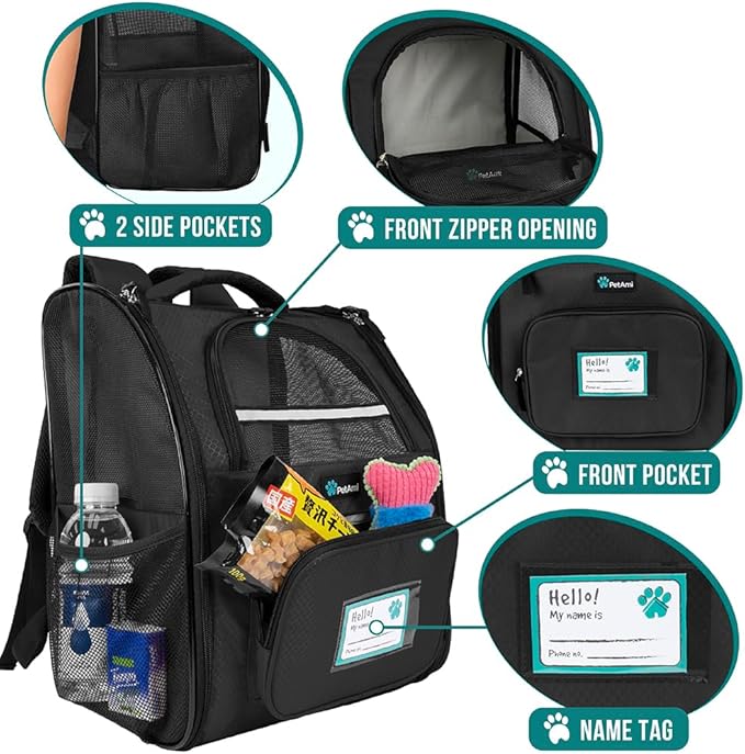 PetAmi Dog Backpack Carrier for Small Large Cat, Pet, Puppy, Ventilated Pet Hiking Backpack Travel Bag, Airline Approved Cat Backpack Carrier, Camping Biking Dog Bag Up to 18lbs Pet, Black-Mewly Pet
