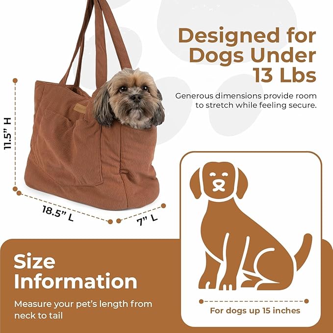Corduroy Dog Carrier - Lightweight Cotton Soft-Sided Pet Tote with Safety Harness Clip - Breathable Travel Carrier for Small Dogs and Puppies (Brown)-Mewly Pet
