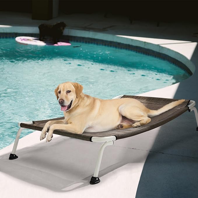 Veehoo Elevated Dog Bed for Outdoor, Cooling Waterproof Raised Dog Cots Beds for Large Dogs, Curved Off Ground Pet Hammock Cot Lifted for Outside, up to 85lbs, White Legs, Brown 42"-Mewly Pet