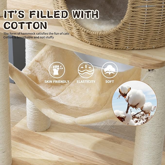 59" Big Modern Cat Tree Tower, Cat Tower Sisal-Covered Scratching Posts for Indoor Cats, Oak Wood Cat Tree for Large Cats, Multi-Level Cat Condo with Space Capsule Nest, Cat Furniture Activity Centre-Mewly Pet