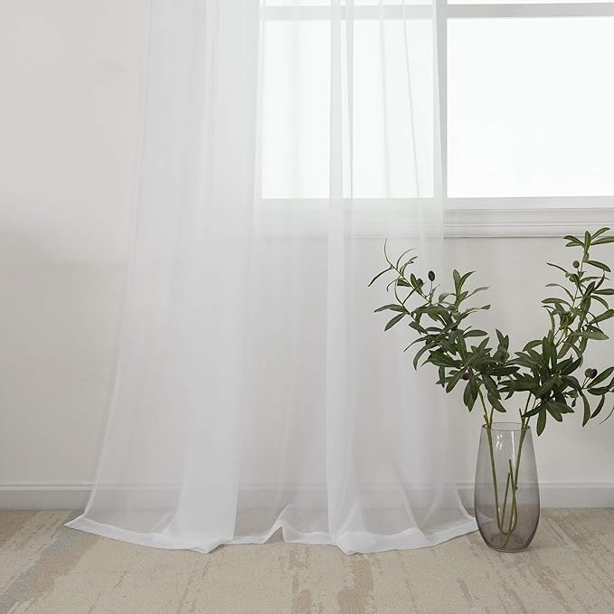 HUTO White Sheer Curtains 63 inches Long for Bedroom Top Rod Pocket Sheer Window Panels Curtains for Nursery Living Room 52 by 63 Inch Length Set of 2