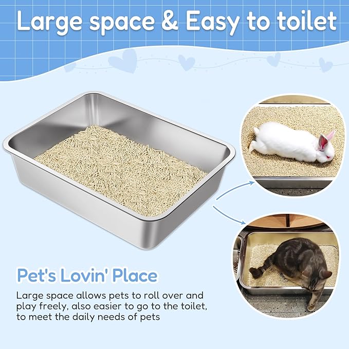 LIHONG Stainless Steel Cat Litter Box for Cat and Rabbit, Odor Control Litter Box Non Slip Rubber Feet. Odor Control, Non Stick, Never Bend 16" L x 12" W x 4" H-Mewly Pet