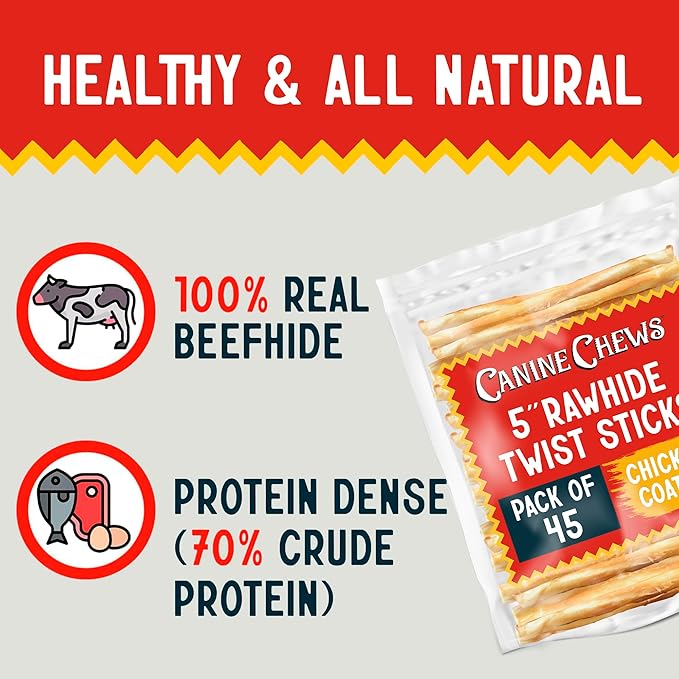 Canine Chews 5" Chicken Coated Sticks - Pack of 45 USA-Sourced Rawhide Dog Treats - Protein-Dense Wrapped Chews With 100% Real Chicken Coating-Mewly Pet