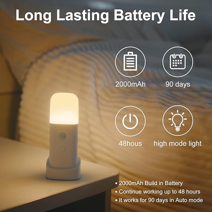 YELKO Motion Sensor Night Lights, Rechargeable nightlights Battery Operated, Dimmable Table lamp with 5 Levels Brightness Adjustable, Cordless Dimmable LED Nursery Night Lights for Home(Cool White)