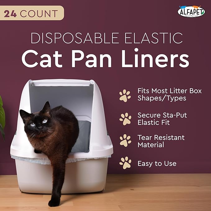 Alfapet Cat Litter box liner Disposable, Elastic Liners- 24-count-For Medium and Large, Size Litter Pans- With Sta-Put Technology for Firm, Easy Fit- Quick + Clever Waste Cleaners-Mewly Pet
