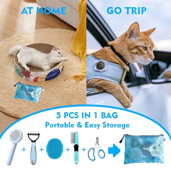 Grooming Brush Kit - 5pcs for Shedding & Matted Fur, Self-Cleaning with Flea Comb for Indoor Long-Haired Cats, Blue-Mewly Pet