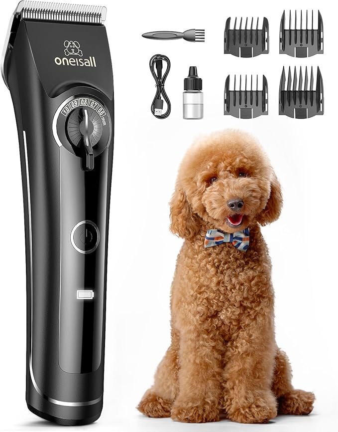 oneisall Dog Clippers for Grooming Doodles Poodles Thick Curly Hair,Low Noise Heavy Duty Dog Grooming Kit with Detachable Metal Blades-Mewly Pet