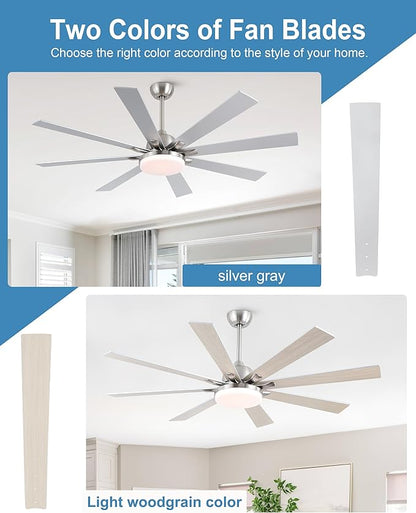 62 Inch Ceiling Fans with Lights,Large Modern Ceiling fan with Remote and 8 Wooden Blades,Dimmable,6 Speeds,Noiseless Reversible Indoor&Outdoor Fan for Bedroom,Patio,Living Room