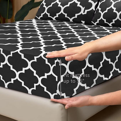 Mejoroom King Bed Sheet Set - Super Soft Brushed Microfiber 1800 Thread Count Sheets with 15 inch Deep Pocket - Wrinkle Free - 4 Piece(King, Black Quatrefoil with White Pattern)
