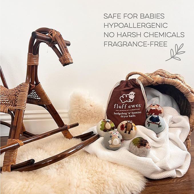 Fluff Ewes Wool Dryer Balls 6 Pack Premium New Zealand Wool Laundry Balls for Dryer, No Static Dryer Balls Laundry Reusable, XL Hedgehog Dryer Balls, Baby Dryer Balls for Dryers - Hedgehog and Homies-Mewly Pet