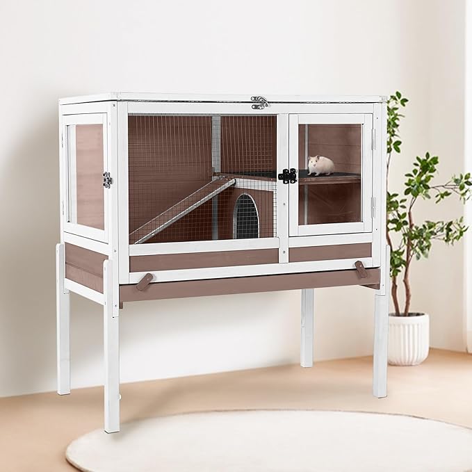 Guinea Pig Cage with Wooden Stand - Hamster Cage, Small Animal Cage Anti Chew Ramp, Hideout, Platform, Pull Out Tray (Brown, L)-Mewly Pet