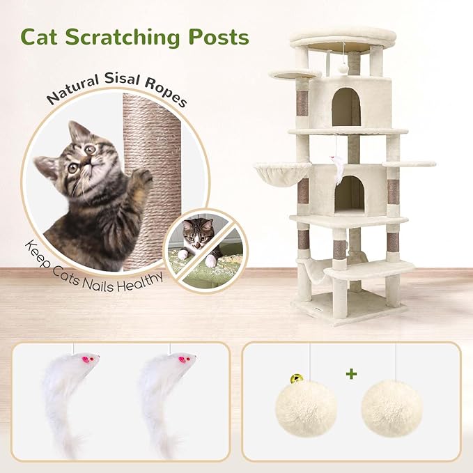 Globlazer Corner Cat Tree Tower for Large Cat, 66inch Tall Large Cat Tree Condo for Multiple Indoor Cats with 6 Scratching Posts, 2 Spacious Cat Condos, Soft Hammock, Hanging Basket, C66, Light Beige-Mewly Pet